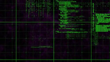 Görünürde soluk kod bitleri dijital ızgaraları kümelendiriyor, nabız sürüklüyor, kod akışını gösteriyor. Fütürist, teknoloji, siber, soyut, arayüz, dijital, yenilik