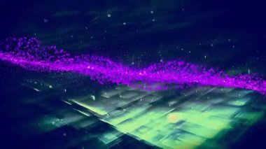 Mor parçacık akışı solda görünüyor. Veri akışını gösteren 3 boyutlu ızgara üzerinde yukarı doğru gidiyor. Fütürist, dijital, soyut, teknoloji, görselleştirme, neon, yenilik