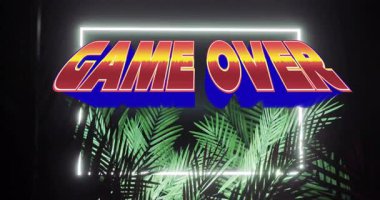 3 boyutlu oyun başladığında ortaya çıkan metin, neon çerçeve çizme, palmiye yaprakları titreşimi atari salonunu çağrıştırıyor. Neon, retro, dijital, buhar dalgası, minimalist, canlı, fütürist