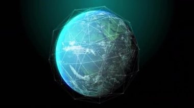 Başlangıçta küresel ağı görselleştirmek için genişleyen ve hareket eden kod panelleri ile dönen dijital dünya. Gelecekçi, teknoloji, ağ, veri, siber, küresel, dijital