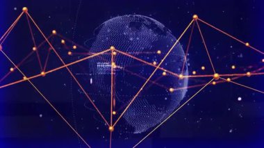 Turuncu düğümleri birbirine bağlayan ve veri transferini sağlayan dönen üç boyutlu kürede. Global, teknoloji, dijital, ağlar, iletişim, yenilik, fütüristik