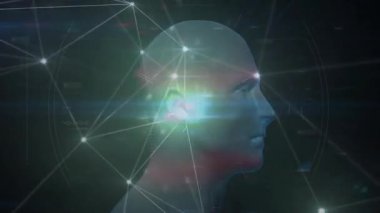 Şeffaf 3D baş etrafında oluşan parlayan düğümler üzerinde dönüyor, dijital bağlantı gösteriyor. Fütürist, teknoloji, ağ, siber, yenilik, soyut, dijital sanat