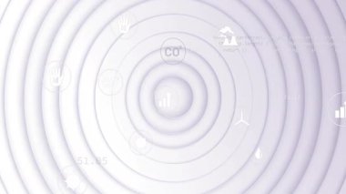 Soluk arkaplan, çubuk grafik ve ekolojik simgeler üzerinde eş merkezli halkalar açılıyor. Veriler kayboluyor ve yörüngede dönüyor. Soyut, veri görselleştirme, sürdürülebilirlik, dijital arayüz, modern, bilgi, çevresel