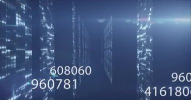 3D veri koridorunda açılıyor, kamera ilerlerken yüzen numaralar veri akışını gösteriyor. Gelecek, teknoloji, dijital, soyut, veri, siber, neon