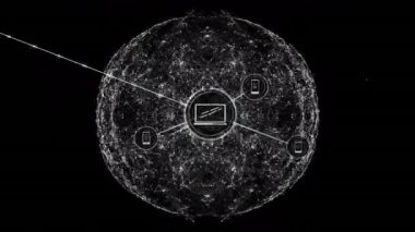 Merkezi dizüstü bilgisayar simgesi görünürken, ağ şekil değiştirirken, ağ ağ bağlantılarını gösteren aygıt ağına dönüşürken. Dijital, bağlantı, teknoloji, yapı, yenilik, siber uzay, fütürist