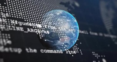 Konsol kodu, veri gösterimi için 3 boyutlu dünyayı döndürme ve kaydırma haritası olarak kaydırma ve küçülmeye başlıyor. Fütürist, dijital, küresel, ağ, yenilik, teknoloji, dolambaçlı