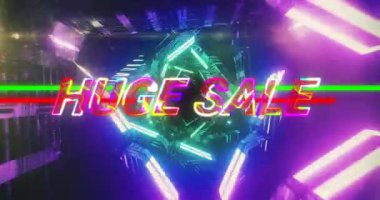 Arızalı büyük satış metni neon barlarda beliriyor, titreşiyor, kamera satışları gösteriyor. Fütürist, siber, teknoloji, hareket, dijital, canlı, soyut