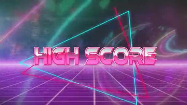 Parıldayan neon rengi yüksek skor logosu dönen küre ve atari salonu nostaljisini çağrıştırmak için titreşim şebekesi. Fütürist, siber punk, dijital, canlı, dalgın, vektör, dinamik
