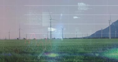 Izgara hatları ortaya çıktıktan sonra, rüzgar türbinleri kod panellerini, enerji performansını gösteren grafikleri gösteriyor. Teknoloji, veri görselleştirme, yenilenebilir enerji, dijital arayüz, gelecek, çevre, analitik