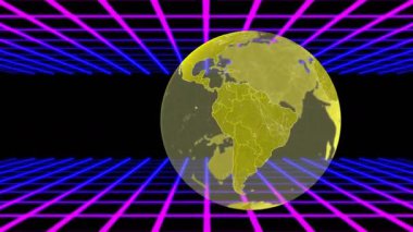 Başlangıçta şeffaf Dünya küresi, neon şebekesi içindeki bölgeleri ortaya çıkarmak için yer değiştiren kara kütlelerini döndürür. Gelecek, teknoloji, yenilik, dijital, görselleştirme, soyut, boşluk