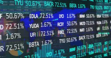 Başlangıçta, borsa değerleri yükselen ve düşen grafiklerle birlikte yüzdeleri güncelliyor. Finans, analitik, dijital, teknoloji, yatırım, veri, siber güvenlik