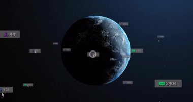 Hareketsizlikten sonra, HUD panelleri Dünya 'nın yörüngesinde cisimlenir ve izleme ölçümlerini dağıtır. Teknoloji, veri görselleştirme, geleceksel, dijital arayüz, yenilik, uzay sahnesi, bilgi grafikleri