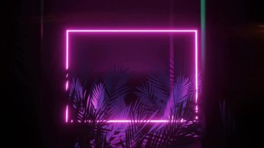Bir saniye sonra neon pembe dikdörtgen soluk titreşimli ışık yaprakları turuncu çizgilerle donuyor. Neon, parıltı, aydınlanma, tropikal, minimalizm, canlı, soyut