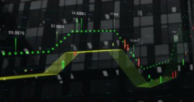 İnce sarı uçağın kayması yeşil noktaların şeride yükselmesini tetiklediğinde, parmaklıklar eğilimi gösteriyor. Veri görselleştirme, dijital, fütüristik, analitik, teknoloji, grafik, yenilik