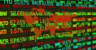 Şebekede görünen kırmızı dünya haritası piyasa dalgalanmalarındaki hisse yüzdelerini güncellemeye başlıyor. Küresel finans, veri analizleri, dijital arayüz, pazar eğilimleri, teknolojik, finansal ticaret, borsa