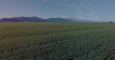 Durakladıktan sonra AR örtüsü ekin alanı üzerinde beliriyor, grafik çiziyor ve ölçümleri güncelliyor. Güçlendirilmişlik, veri analizi, görselleştirme, tarım, dağ manzarası, dijital örtüşme, gelecekle ilgili sahne