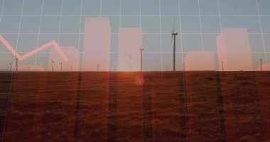 Rüzgar türbinlerinin üzerinden yükselen parmaklıklar, kırmızı çizgi çizgisi zigzag çizen titreşimler. Sürdürülebilirlik, yenilenebilirlik, yenilik, veri görselleştirme, enerji, çevre, teknoloji