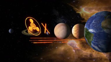 Kehribar tehlike amblemi gezegenlerin üzerinde beliriyor, kırmızı ALERT 'i oluşturuyor! ÖZGÜRLÜK İSTİYOR. Uzay, uyarı, uyarı, bilim kurgu, fütürist, göksel, teknolojik