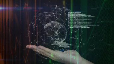 Teknoloji arka planına el girişi, holografik küreyi şekillendirir, döndürür ve titreştirir. Teknoloji, fütürizm, dijital, yenilik, siber alan, veri, bağlantı