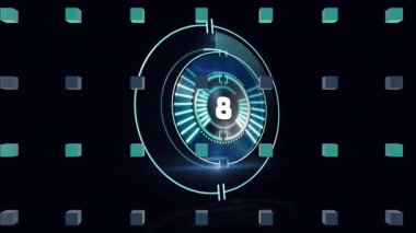 10 'da geri sayımla açılıyor, UI geriye sayıyor, halkalar dönüyor, 3 boyutlu küp gölgeleniyor ve sinyal veriyor. Gelecekçi, teknoloji, arayüz, animasyon, bilim kurgu, dijital, minimalizm