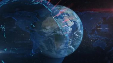 Küresel akışı görselleştiren ağ ateşleme ışınları yayarak dönen Dünya 'nın aktifleştirilmesinde. Futuristik, teknoloji, dijital, boşluk, bağlantı, ağ, görselleştirme