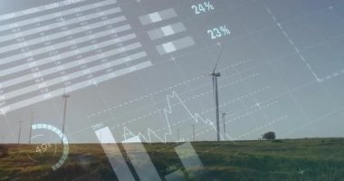 Başlangıçta, rüzgar türbinleri üretim eğilimlerini görselleştirmek için solup genişleyen ölçümleri canlandırıyor. Yenilenebilir, sürdürülebilirlik, veri görselleştirme, enerji, teknoloji, çevre, dijital