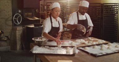 Fırında ekmek hazırlayan çeşitli kadın ve erkek fırıncıların animasyonu. Pastanede çalışmak, bağımsız küçük işletme.