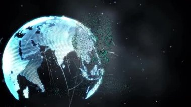 Parlak dijital Dünya görünmesi, çözülmesi, izleme halkaları, ağ bağlantısını göstermesi. Gelecek, teknoloji, yenilik, ağ, bağlantı, siber alan, soyut