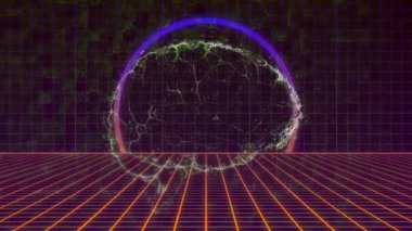 Enerji dalları neon halkalarında kıvılcımlar saçarak fraktal buluta dönüşüyor ve retro güç döngüsünü gösteriyor. Neon, siber, fraktal, fütürist, ışıltı, ızgara, dijital