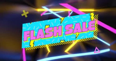 Arka planda turkuaz pankart gösterilirken FLASH satışı metni renklendirme satışı gösteriliyor. Neon, soyut, fütürist, dijital, canlı, geometrik, reklamcılık