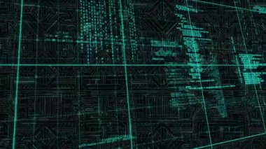 Devre ızgarası kaydırma çizgileri açılıyor. Sonra veri akışı görselleştirmesi için kademeli olarak mavi kod akışı sağlanıyor. Teknoloji, siber, dijital, veri, ağ, fütüristik, soyut