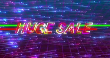 Titreyen AL, neon gökkuşağı dev satış metnini başlatıyor. Tarama çizgileri geriye dönük satış duyurusu yapıyor. Neon, gelecekçi, dijital, hareket, teknoloji, canlı, siber punk