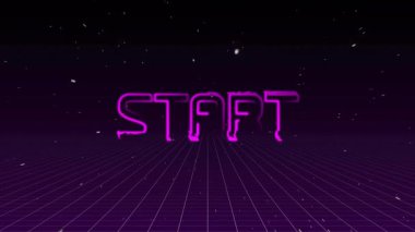 Magenta noktaları, giriş için yıldız alanının altındaki ızgara zemin üzerinde neon START metni oluşturarak dışa doğru animasyon yapıyor. Dijital sanat, fütüristik, siber punk, retro-fütürizm, teknoloji, soyut, hareket grafikleri