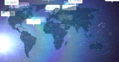 Alevlenen dünya haritası kaybolur, yüzen veri baloncukları bölgeleri birleştirerek ölçümleri gösterir. Futuristik, teknolojik, veri görselleştirme, küresel ağ, dijital arayüz, soyut, bağlantı