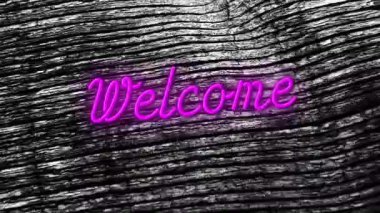 Hoş geldin işaretini başlatmaya başla. Değişken mor çizgiler, patlayan neon ışıltısı, aydınlatma tahılları. Neon, kırsal, dokulu, aydınlatma, canlı, sanatsal, ambiyans