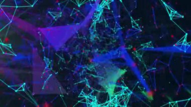 Noktalar kafes şeklinde filizleniyor, ışınlar ağı süpürüyor titreşime neden oluyor, çizgiler geri çekiliyor, soluyor. Fütüristik, teknolojik, dijital, sanal, canlı, soyut, bağlantı