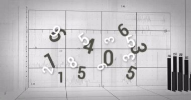 Kablo şebekesinde görünen sayı kümesi yükselen çubuklarda yuvarlanarak veri eğilimlerini gösteriyor. Veri, görselleştirme, dijital, geleceksel, soyut, analitik, geometrik