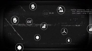 Eko metrik gösterge panelini görselleştirmek için simgelerin yüzdüğünü ve kodların kaydırdığını gösteren açık hata ızgarası. Fütürist, dijital, minimalist, teknolojik, analitik, sürdürülebilirlik, arayüz