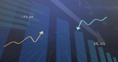 Şeffaf barların açılması, küçülme ve düşüşü gösteren turuncu deniz mavisi çizgileri. Finansal analizler, veri görselleştirme, dijital tablo, pazar eğilimi, istatistiksel grafikler, teknoloji, yatırım
