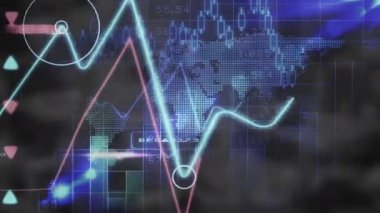 Çizgi üzerinde dairesel gösterge beliriyor, neon grafikler yükseliyor ve piyasa eğilimlerini gösteriyor. Teknolojik, dijital, fütüristik, veri görselleştirmesi, analitik, finansal, neon