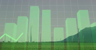Rüzgar çiftliğine odaklanan kamera, yükselen yeşil çubuklar ve enerji uçuculuğunu gösteren yeşil çizgiler. Sürdürülebilirlik, yenilenebilirlik, veri görselleştirme, analitik, ekolojik, çevresel, modern