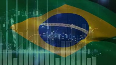 Brezilya bayrağı dalgalanmaya başlıyor, dalgalanan tablolar ve parlayan ufuk çizgisi piyasa eğilimlerini gösteriyor. Vatanseverlik, finans, veri görselleştirme, dijital, yatırım, teknoloji, ekonomi
