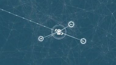 Merkezi halka görünen küresel simge çizgileri, çubuğa ve ağa bağlanan saat simgelerine vuruyor. Teknoloji, veri, bağlantı, analitik, yenilik, görselleştirme, dijital