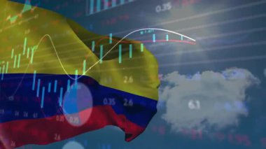 Kolombiya bayrağını sallarken şamdanlar hareket ediyor ve grafikler görsel trendlere tırmanıyor. Vatanseverlik, finans, analitik, yenilik, görselleştirme, teknoloji, iş
