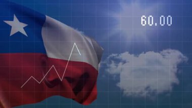 Şili bayrağının dalgalanmasından yükselen çizgi çizelgeleri hava tahminini görselleştirmek için değerleri değiştiriyor. Vatanseverlik, veri görselleştirme, hava tahmini, dijital grafikler, bilgi ekranı, dinamik sahne, kurumsal