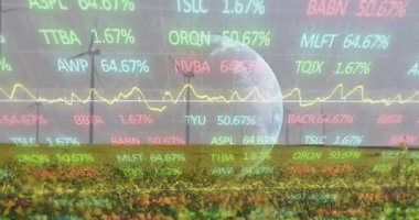 Başlangıçta Dünya küresi borsa verilerini güncelliyor ve piyasa yakınlaşmasını gösteren sarı eğilim dalgalanıyor. Sürdürülebilirlik, yenilenebilir enerji, dijital finans, çevre teknolojisi, veri analizi, ekolojik altyapı, manzara manzarası