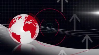 Ağ büyümesi için titreşimleri, yoğunlaşmayı, akış çizgileri ve oklarla dönmeyi gösteren küreye başlayın. Teknoloji, veri, dijital, bağlantı, yenilik, fütürizm, hareket