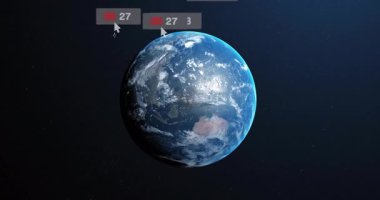 3D Dünya dönmeye başladığında küresel çapta bir etkileşim oluşturan ve yörüngede dönen sosyal medya simgeleri oluşturmaya başlayın. Gezegen, dijital, dolambaçlı, bağlantı, fütürist, dinamik, evren