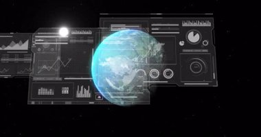 Dünya 'nın dönüşümlü holografik panelleri içeri kayıyor, grafikleri güncelliyor, küresel ölçümleri görselleştiriyor. Futuristik, teknoloji, veri görselleştirme, dijital, boşluk, arayüz, analiz