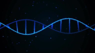 Yanlardan yaklaşan mavi kurdeleler DNA sarmalını oluşturur. Görselleştirme için dalgalanır ve döndürür. Gelecekçi, moleküler, animasyon, biyoteknoloji, bilimsel, dijital, dinamik
